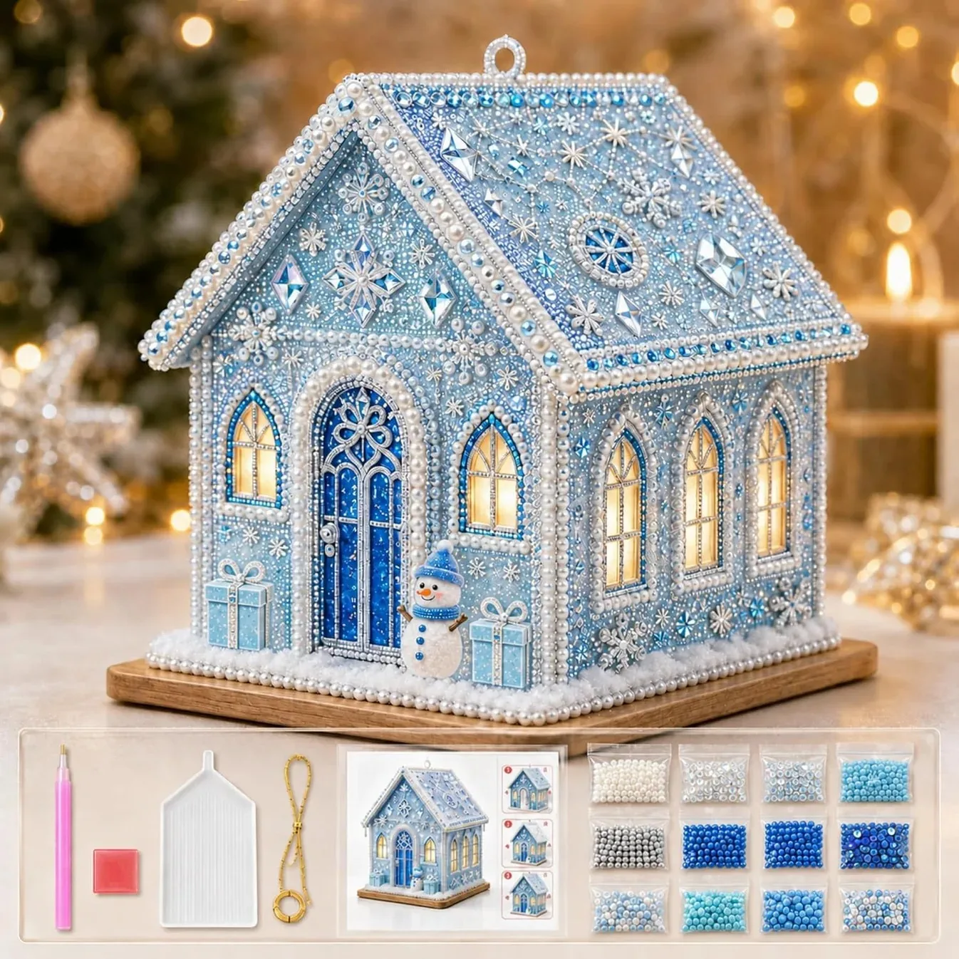 3D Wooden Christmas House Diamond Art Kit, DIY Pearl Art Christmas Collection, Christmas Home Decor Handmade Craft Set