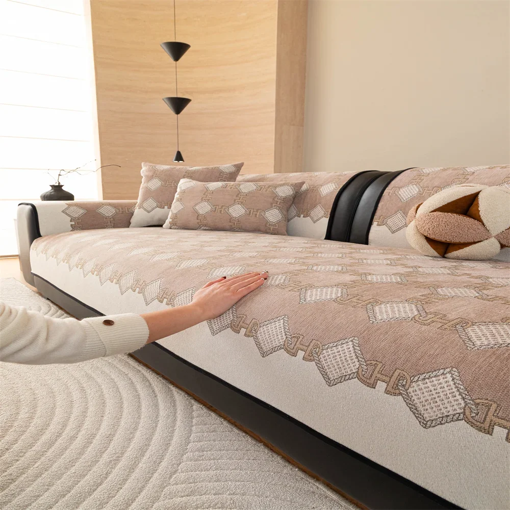 Retro Chenille Sofa Cushion Cover Universal Non-Slip Fixed Straight Row All-Seasons Slipcover for Home Comfort