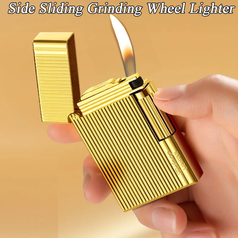1pc Retro Side Sliding Grinding Wheel Lighter Inflatable Open Flame Metal Vertical Stripe for Camping BBQ Cigars Candles Gifts