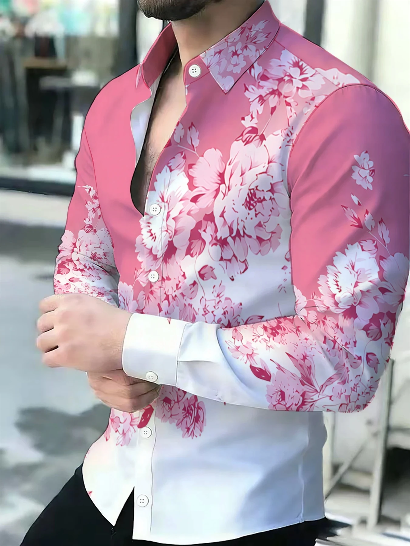 Men Pink White Floral Print Long Sleeve Shirt Turn‑Down Collar Button‑Up Polyester Casual Party Dress Blouse