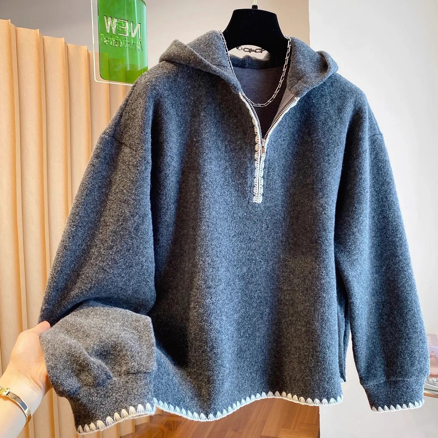 

Мужской утепленный худи на молнии с капюшоном, свободного кроя, на флисовой подкладке, с шерстяными вставками, модный пуловер для осени и зимы