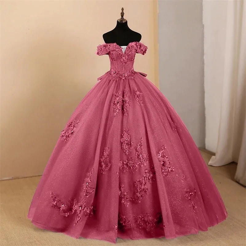 Off Shoulder 3D Floral Tulle Ball Gown Women Party Dress Quinceanera Prom Banquet Dress For Stage Performance Formal Occasions