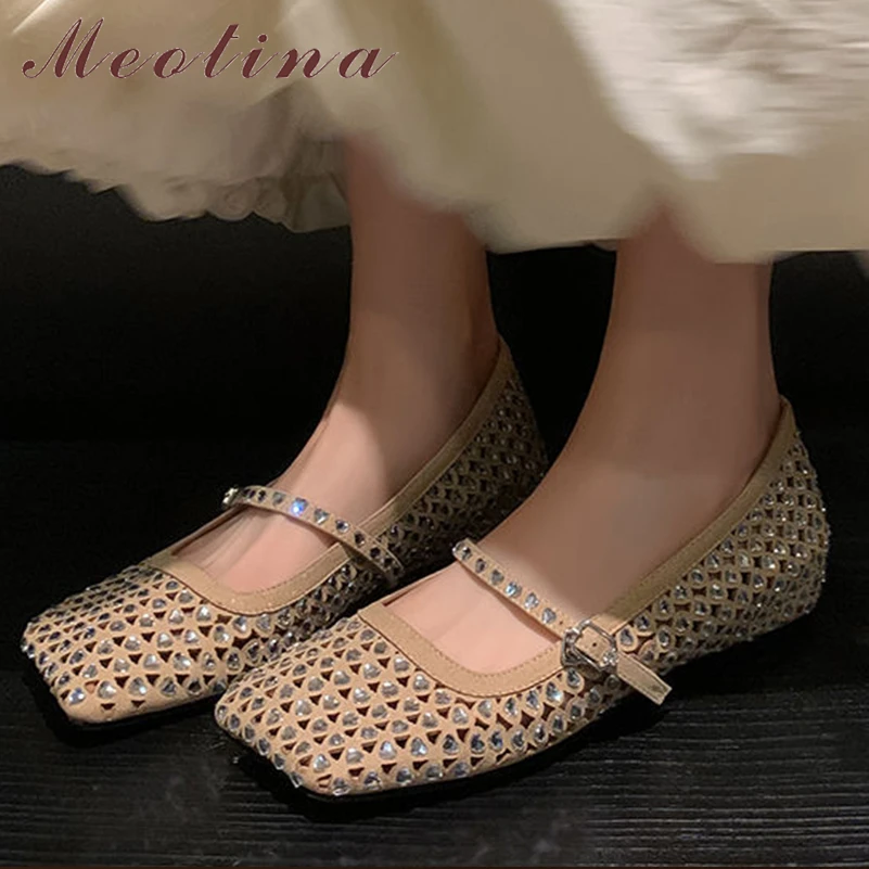 Meotina Women Genuine Leather Mary Janes Square Toe Flat Buckle Crystal Glove Shoes Ladies Fashion Casual Shoes Spring Autumn 40