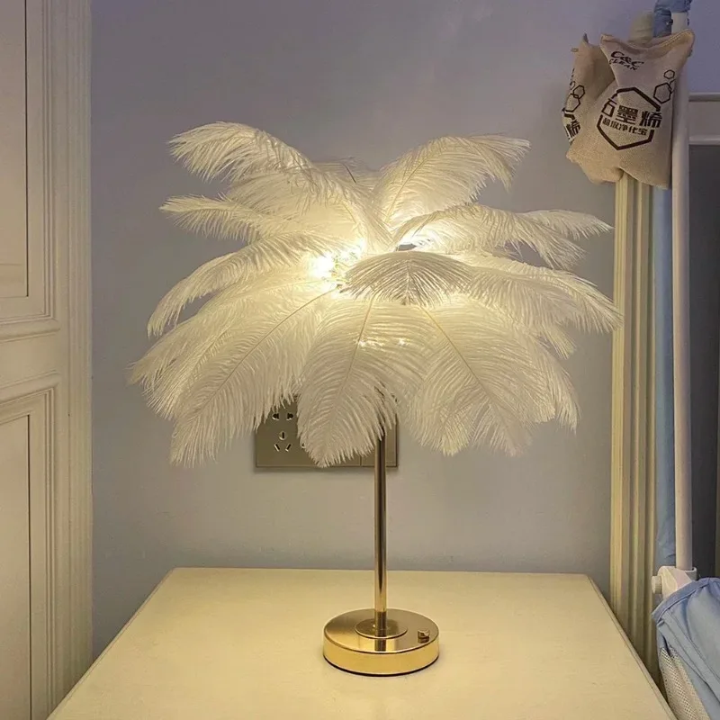 New Touch Control Table Feather Lamp for Wedding Bedroom Decoration LED Desk Lamp with Feathers USB Power Rechargeable