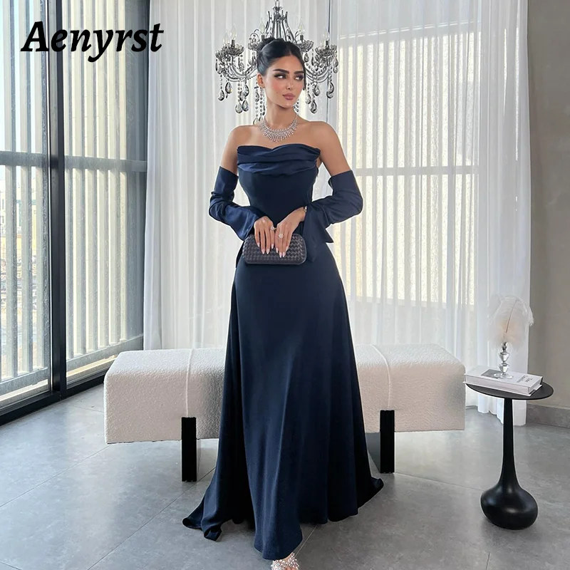 

Aenyrst Elegant Navy Blue Prom Dress Women's Strapless Simple Long Sleeve Party Evening Gowns Floor Length Formal Occasion Gown