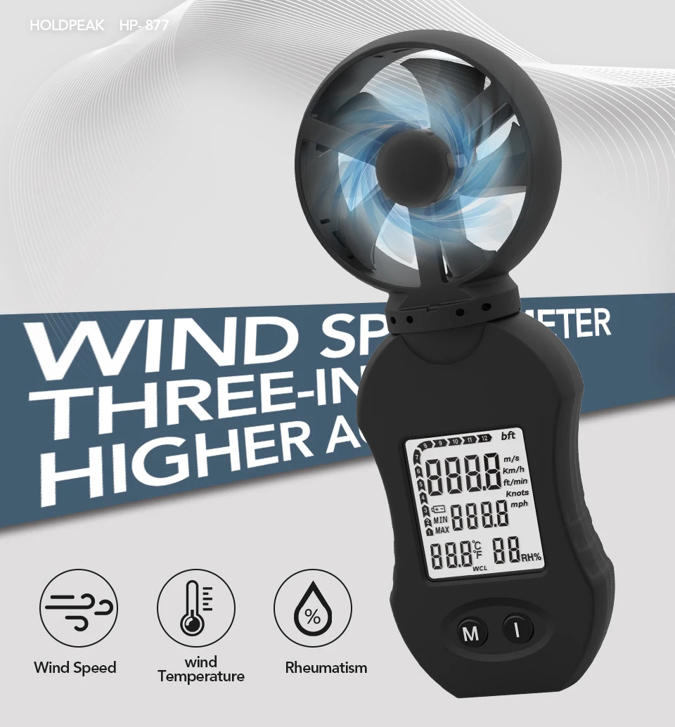 Holdpeak 877 Digital Wind Speed Meter, Handheld Anemometer with LED Back-Light for Wind Speed / Wind Temperature/ Wind Humidity