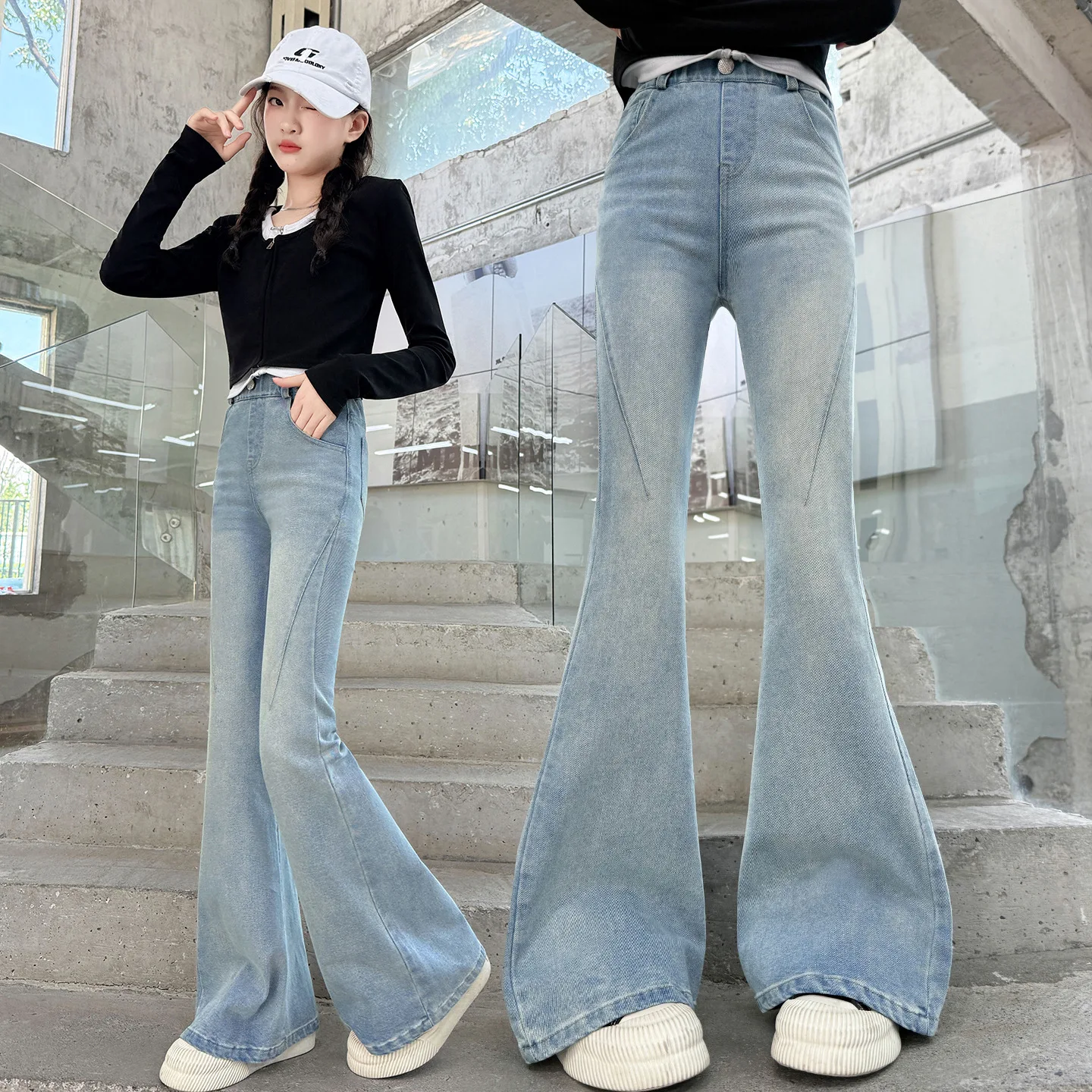 

Новые модные джинсы для девочек-подростков, брюки, джинсовые брюки для девочек, детские однотонные брюки с эластичной талией, повседневные брюки-клеш