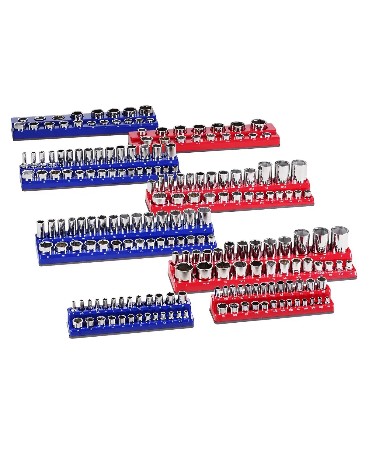 Magnetic Socket Organizer Set, 8PCS Socket Holder, 1/4'', 3/8'' & 1/2'' Metric SAE Socket Trays with Clear Labels, Hold up to 19