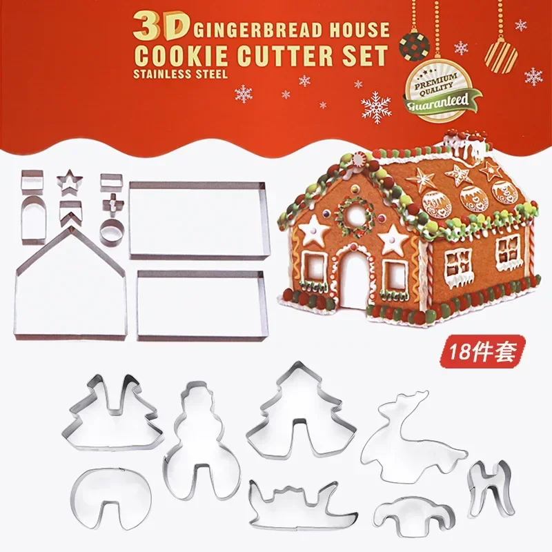 Stainless Steel 3D Stereo Cookie Mould Gingerbread House Biscuit Mould 18 Kits Set for Christmas Cake Mold