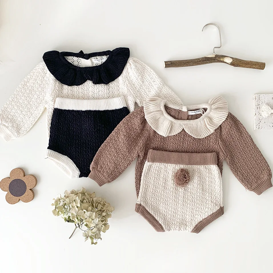 

Spring Baby Clothing Set Hollw Out Sweaters And Bloomers 2Pcs For Girls Infant Ouitfit Children Knitted Top Suit