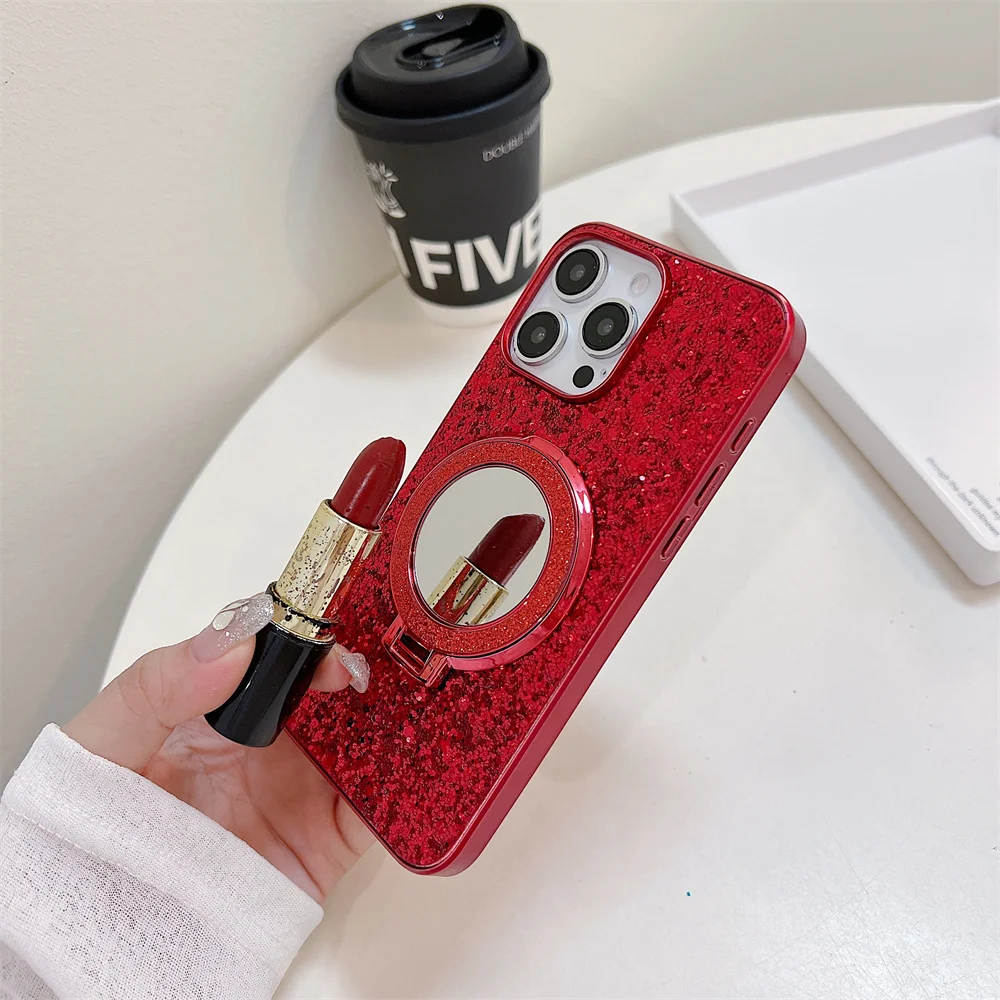 Glitter Magnetic Makeup Mirror Holder Case for iPhone 16 15 14 Plus 13 12 11 Pro Max Magsafe Wireless Charge Shiny Diamond Cover