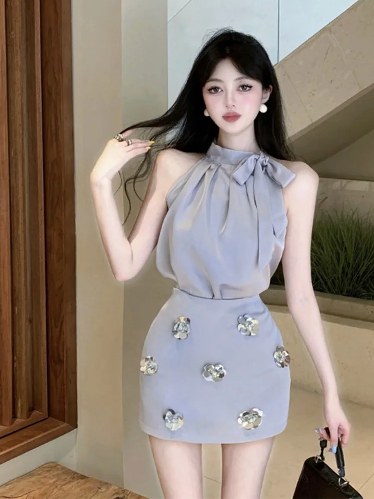 Summer New Korean Casual Chiffon Camisole Women + Sexy Slim Hip Skirt Two-piece Suit 2024