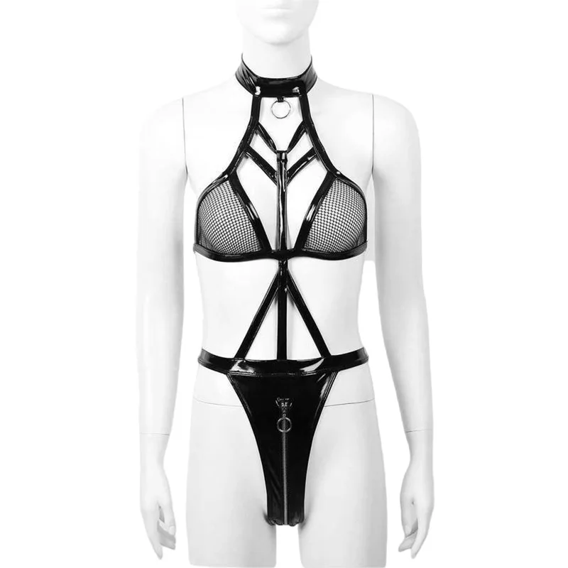 Porn Sexy Lingerie Bodysuit Women Underwear Latex Body Exotic Costumes Leather Mesh Zipper Erotic Sensual Lingerie Woman Set