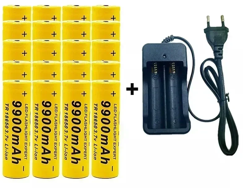 18650 Akku, wiederaufladbarer Akku, 3,7 V, 18650 9900 mAh Kapazität, Li-Ion-Akku für Taschenlampe + Ladegerät