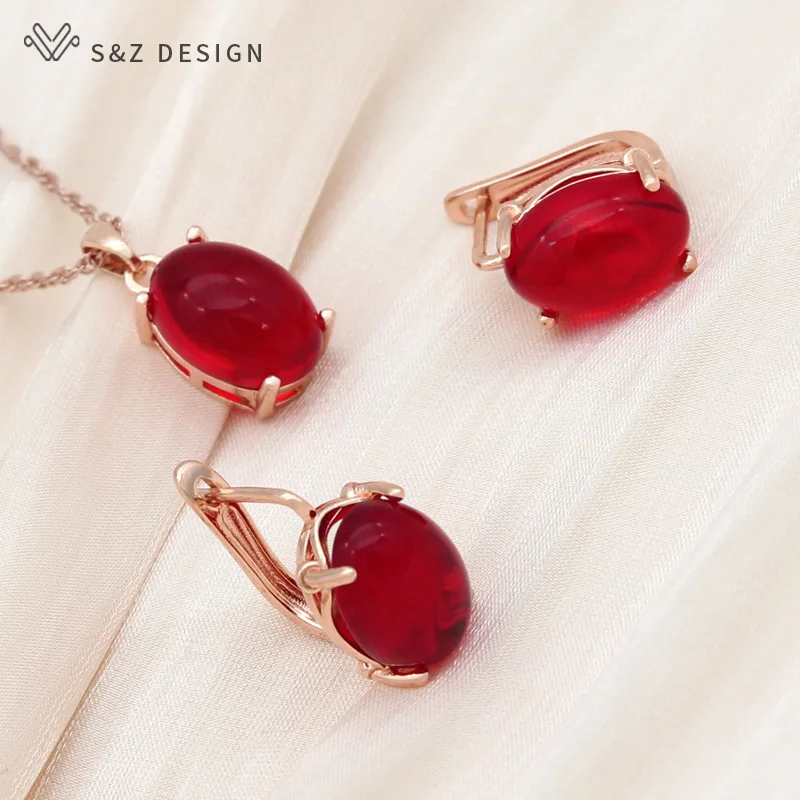 S&Z DESIGN New Fashion Egg Shape Oval Dangle Earrings Jewelry Sets For Women Wedding 585 Rose Gold Color Pendant Necklace