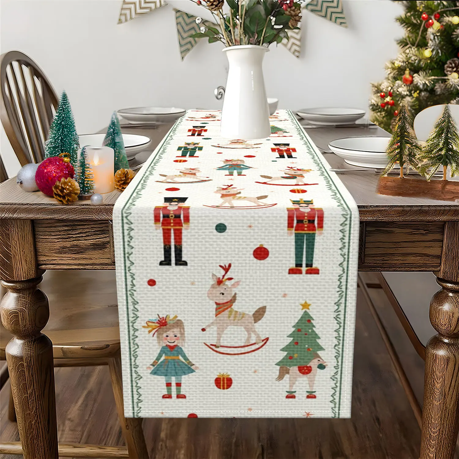 1 Piece of Christmas-Themed Table Runner with Patterns Such as Nutcrackers, Rocking Horses, and Christmas Trees, Suitable for Christmas Family Gatherings, Holiday Decorations, and Other Occasions