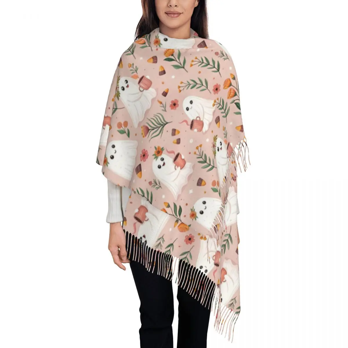 Women's Tassel Scarf Halloween Cute Ghosts Foral Single-sided Pattern Winter Warm Shawl and Wrap Gifts Cashmere Scarf