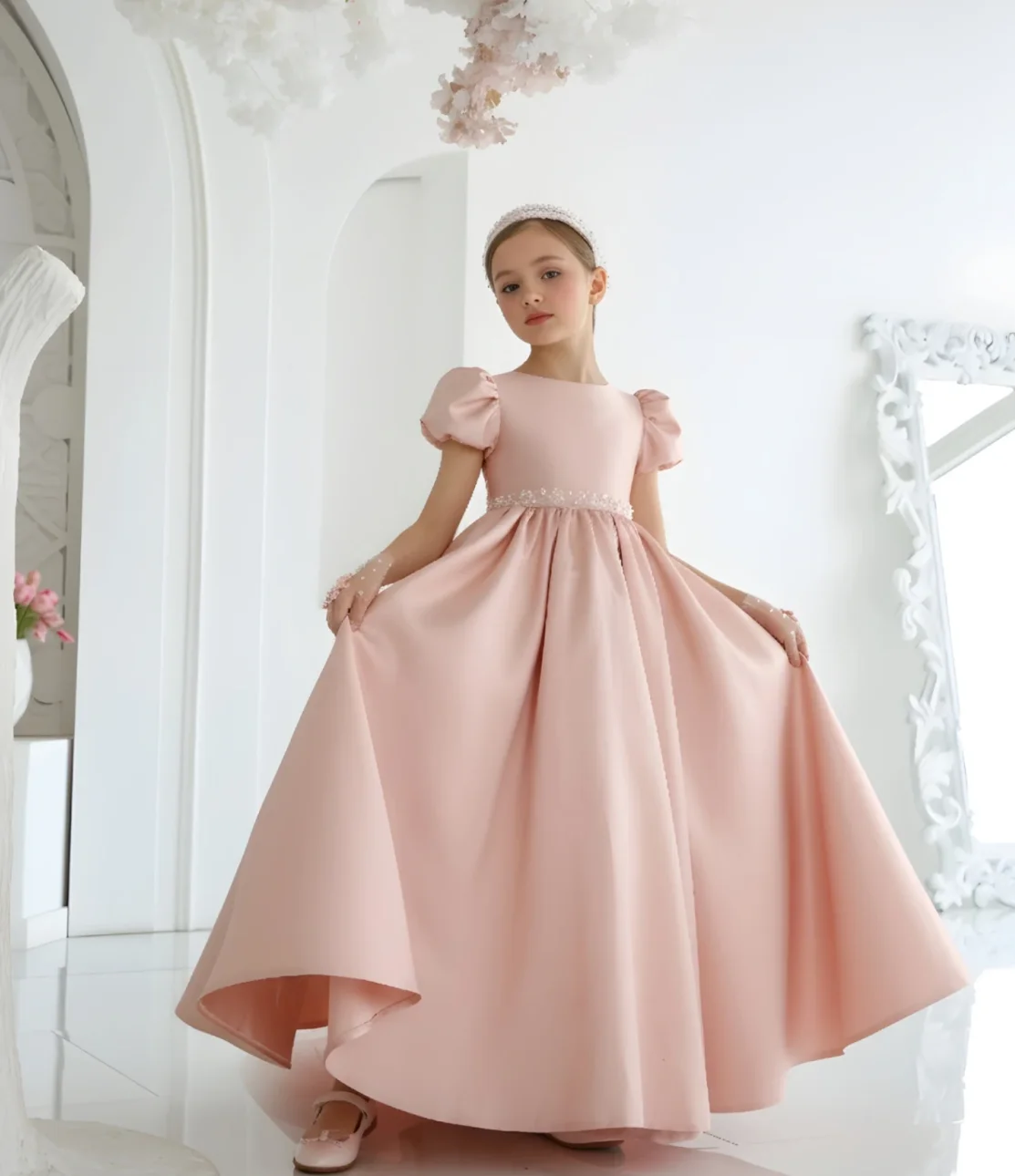 Jill Wish M040 Elegant Satin Flower Girl Dress with Puffed Sleeves & Beaded Waist – Available in Blush Pink & White, ulle Train