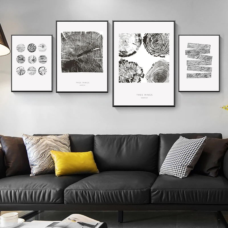 Cincin pohon kanvas potong kayu Poster seni cetak garis abstrak hitam putih gambar dinding dekoratif lukisan Nordic ruang tamu Modern