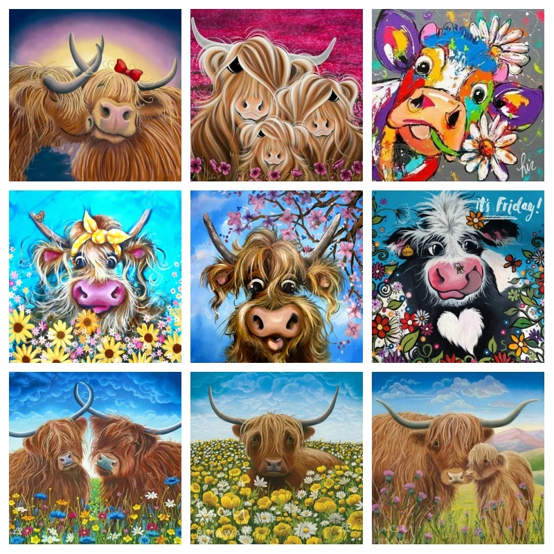 

Highland Cattle Animal Full Diamond Painting AB Drills Cute Scotland Highland Cow Cross Stitch Art Crystal Craft Home Decor