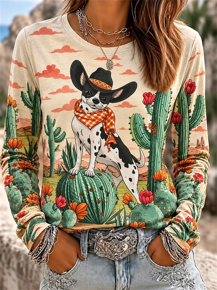 New Fall Collection: Women's Long-Sleeve Crew-Neck T-Shirt with Cute and Funny Puppy Print Fashionable Trendy Street-Style Top