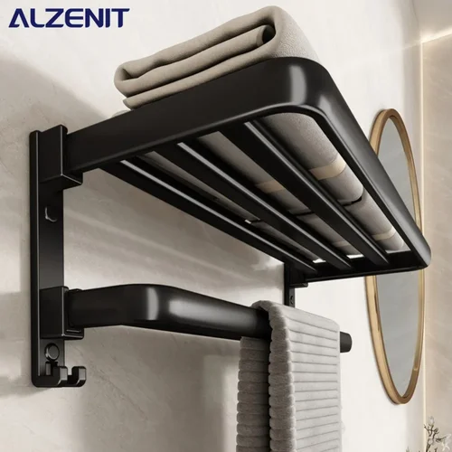 Toallero negro de 40-60CM, soporte de baño móvil plegable doble con gancho, barra de ducha de aluminio para pared, colgador, accesorios de baño