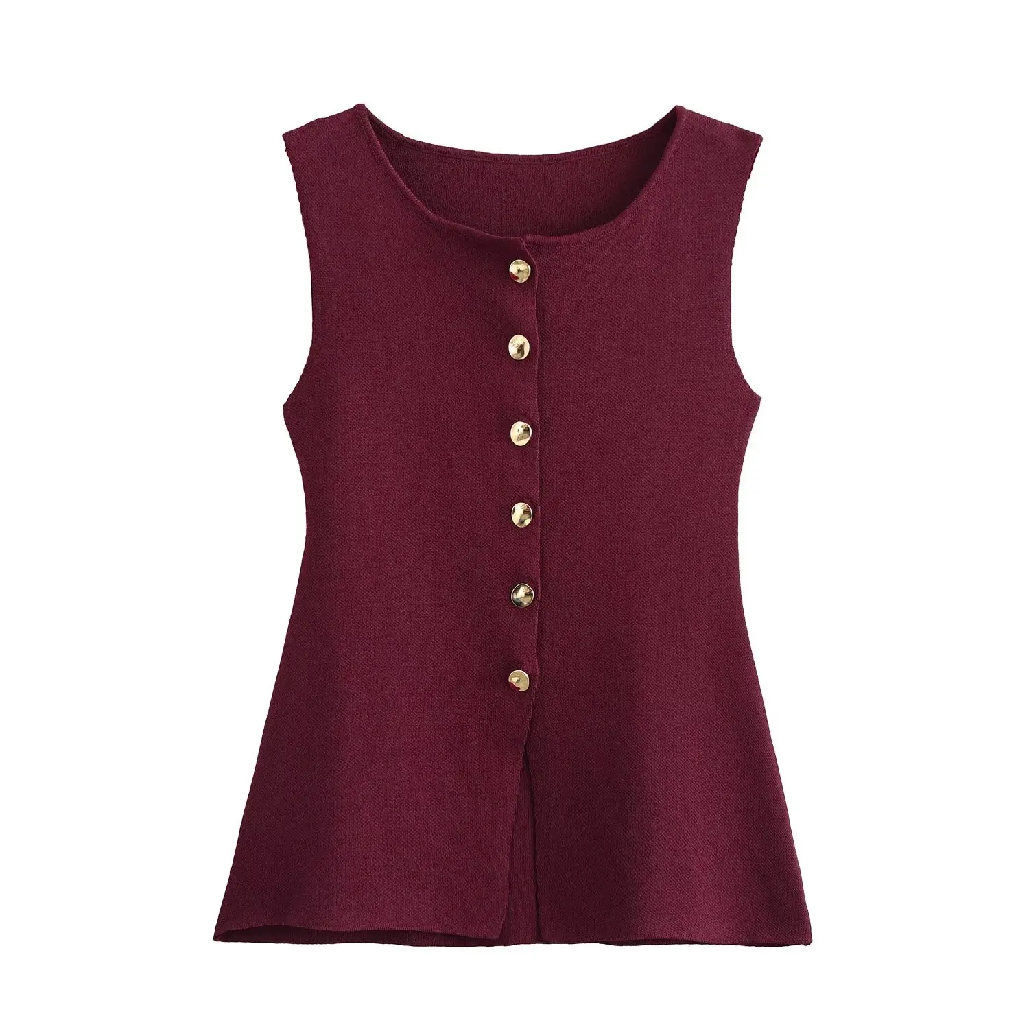JNLEAOG Autumn New Women's Design Golden Button Decor Flat Needle Vest Street Style round Neck Polyester Fiber Outerwear
