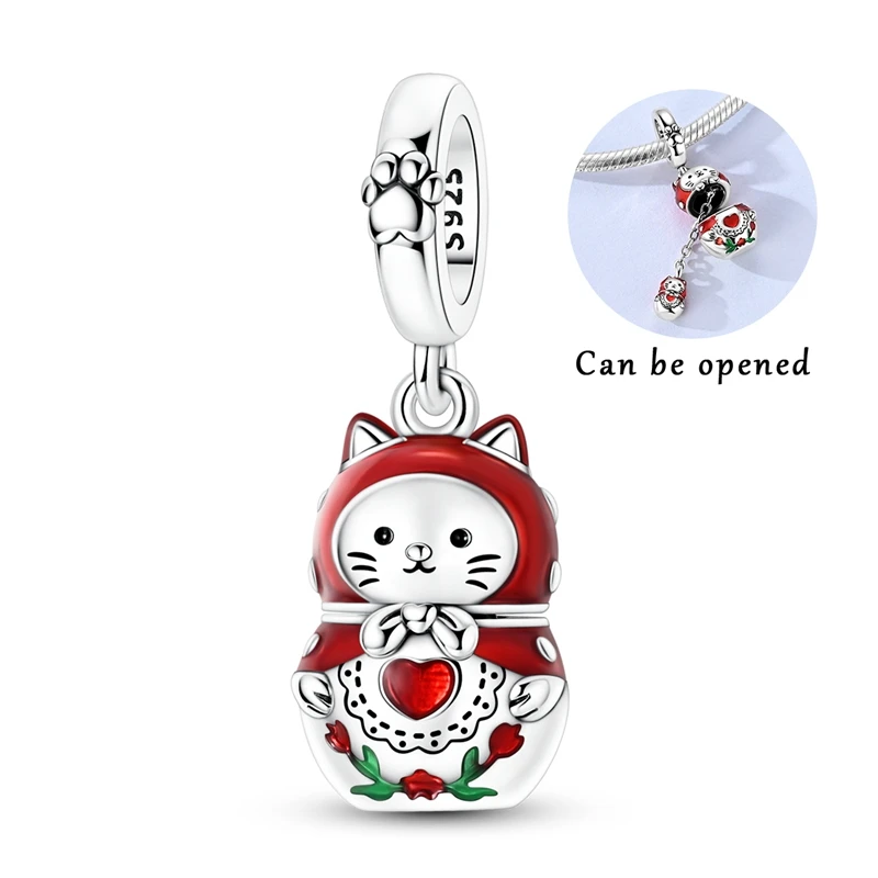Pingente de Prata Esterlina 925 com Zircônia Cúbica, Gato Dobrável Matryoshka, Compatível com Pulseira Original, Joia DIY Feminina, Presente