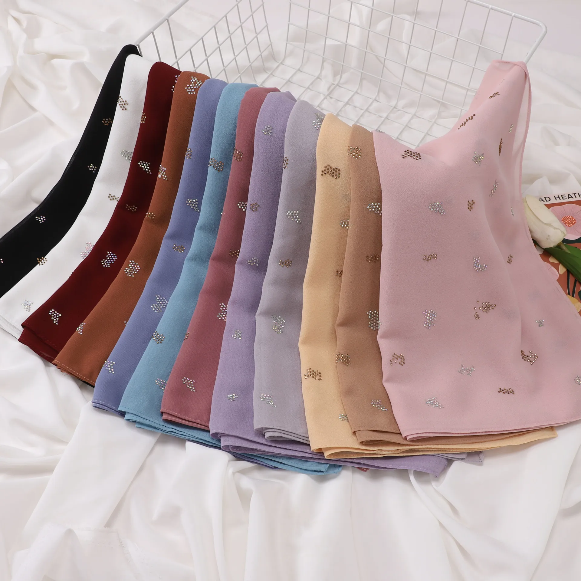 

Rhinestone Chiffon Square Scarf Women Long Headscarf Head Wrap Shawl Turban Bandana Headband Bufanda Shawl Foulard Turbante 90cm