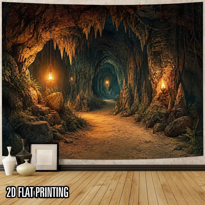 Mystical Cave Entrance Tunnel Lighting Decor Tapestry Dark Fantasy Adventure Room Wall Art Print