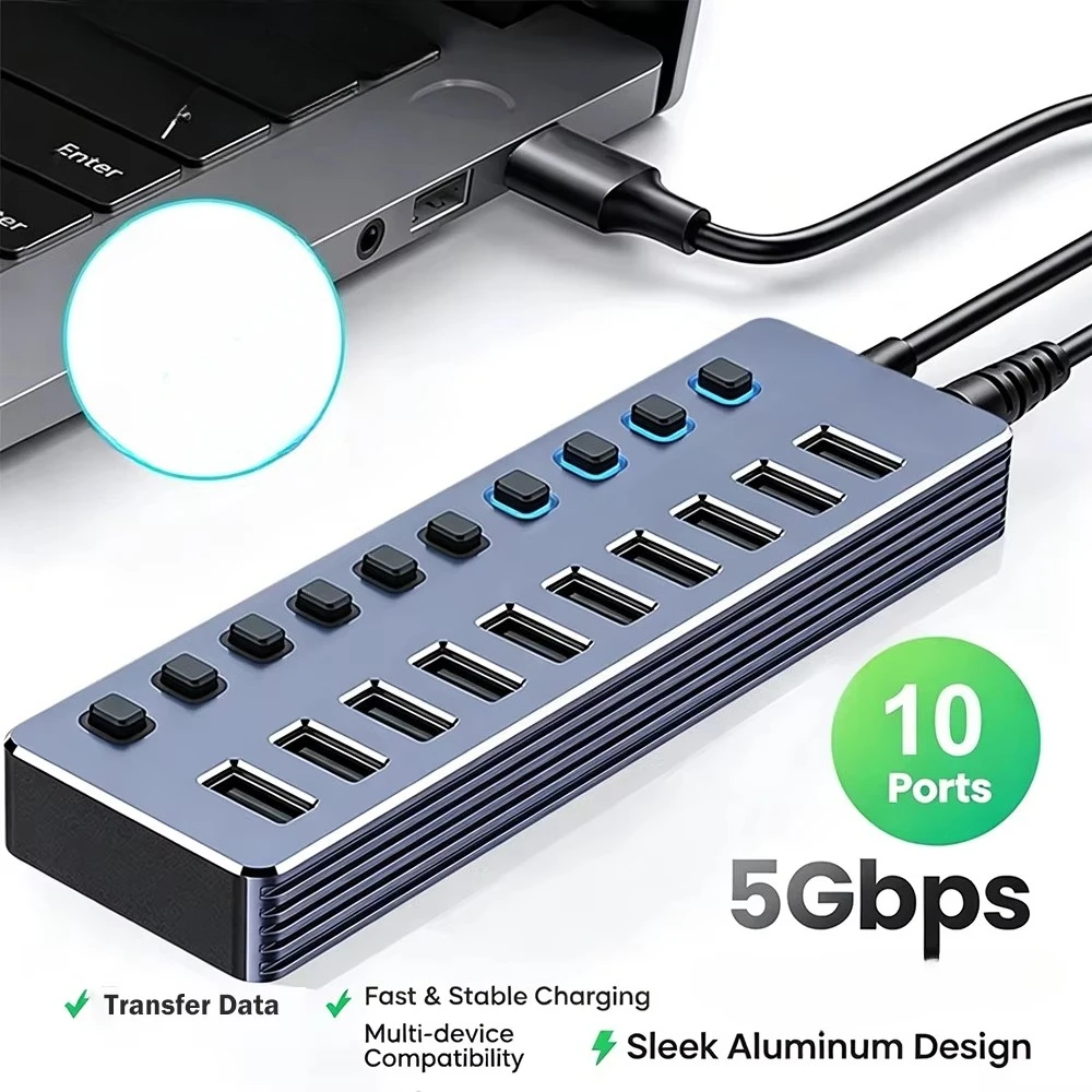10 Port USB 3.0 Hub with Independent On/Off Switches 5Gbps High Speed Type-C Splitter USB Docking Station for Laptop