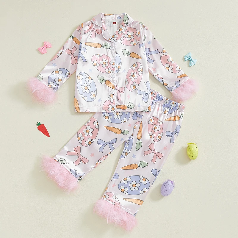 EWODOS Baby Girls Clothes Easter Pajamas Feather Cuffs Egg Bow Print Button Long Sleeves Shirt with Elastic Pants for Loungewear