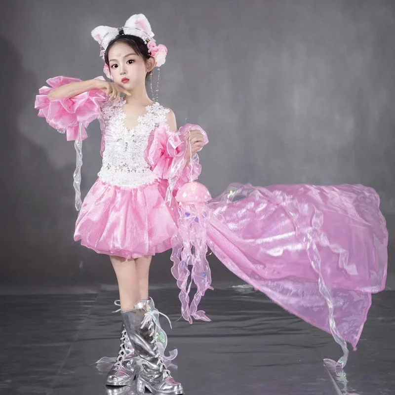 Girls' Pink Fairy Dress For Walk Show Dress Spring Pink Flower Shine Clothes Stage Walk Show Sweet Dress For Children's Day Gift