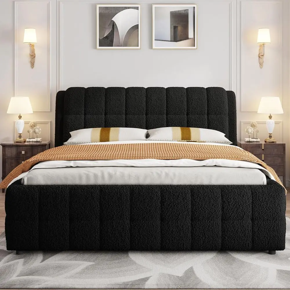 California King Upholstered Platform Bed with Thick Slat Support, No Box Spring Required, Black