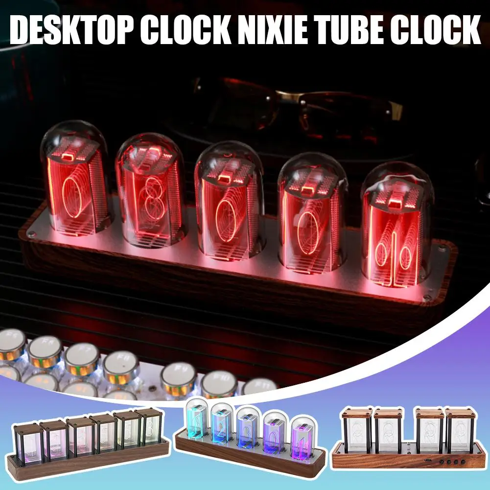 RGB Colorful Nixie Tube Clock LED Desk Clock Modern USB Powered Glow Tube Gift Color Changing Digital Alarm Clock Bedroom Decor