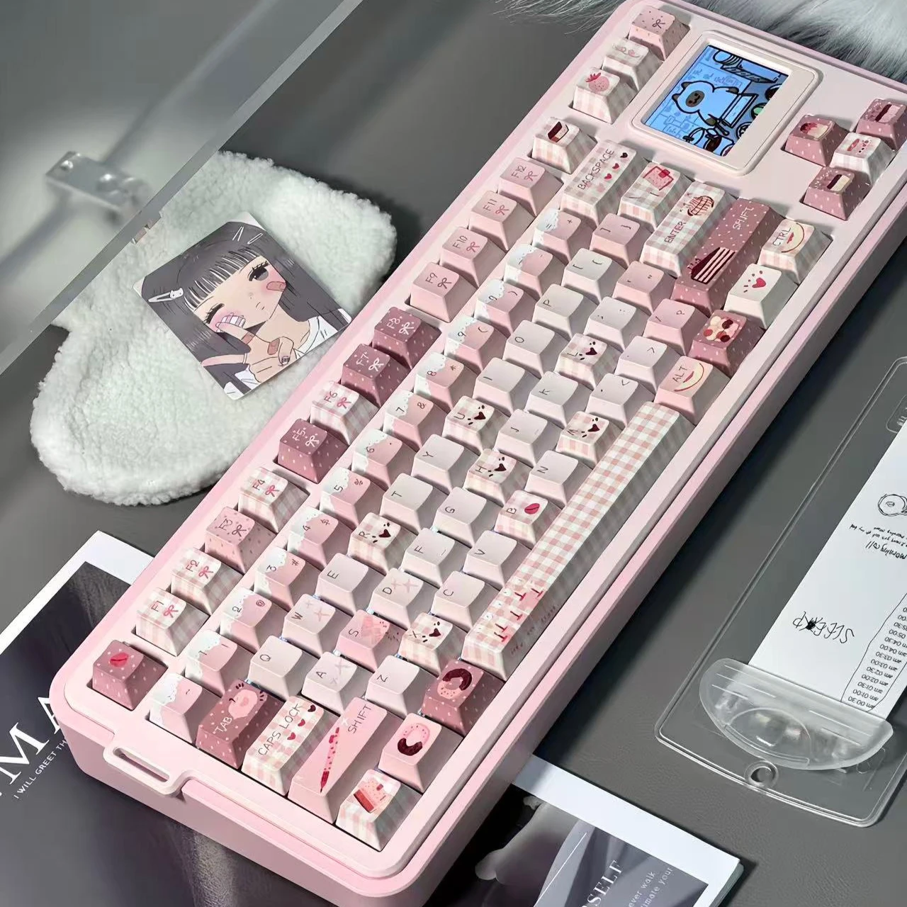 Pink Keycap Set PBT Sublimation Cherry Profile Side-Engraved Transparent Keycaps for Magnetic Switch Alice ISO Layout Keyboard
