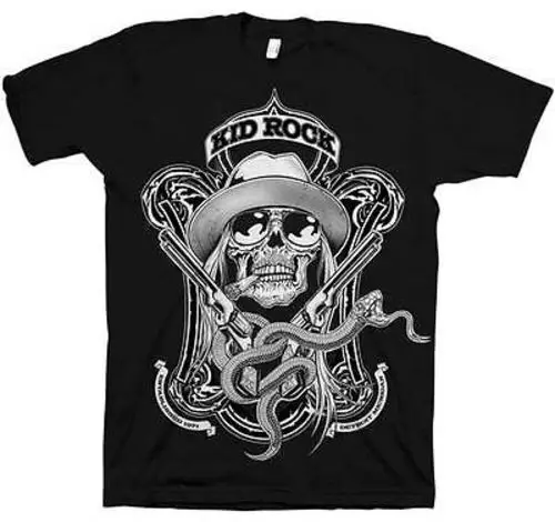 

New Officially Licensed Kid Rock Snake Label Skull Pistols Black Adult Shirt S