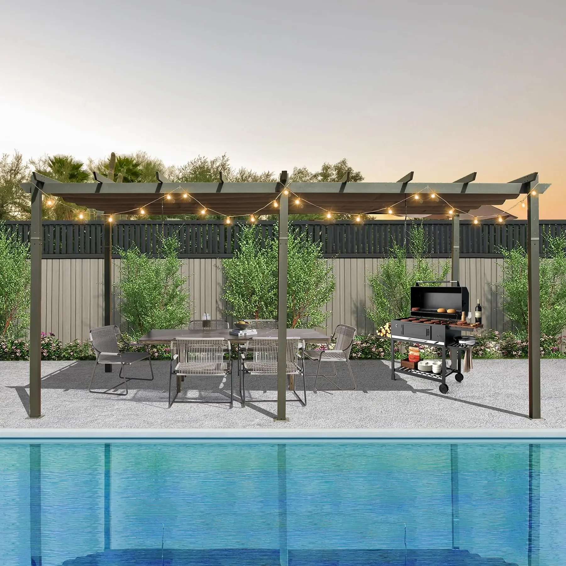 ！@20FT Retractable Canopy Aluminum Shelter Sun Shade 11X Outdoor Pergola with Grape Trellis for Patio Backyard Outdoor Furniture