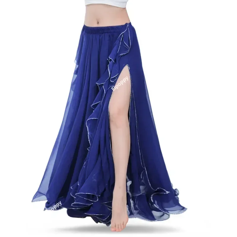 Saias de dança do ventre azul real oriental, fendas altas duplas, fantasia de dança do ventre para mulheres, saia de dança do ventre (sem cinto)