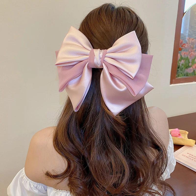 Sweet Pink Bow Hairpins Solid Color Big Bowknot Hair Clips Women Girls Soft Satin Barrettes Clip Party Wedding Hair Accessories