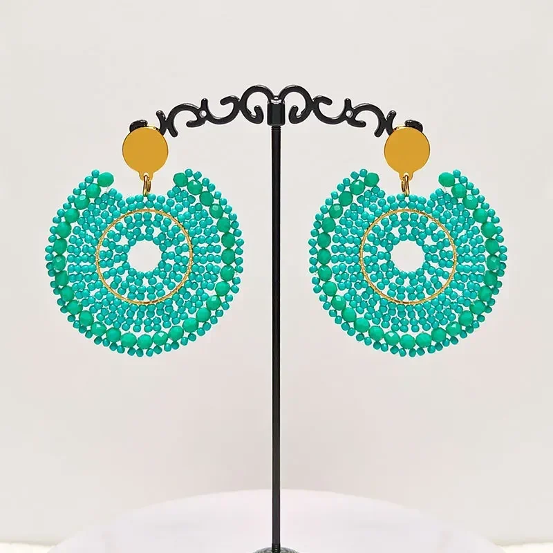 Beaded earrings Crystal Roundness Hollow out Original Green Hand knitting Bohemia Alloy Simple Tide Female Rice bead earrings