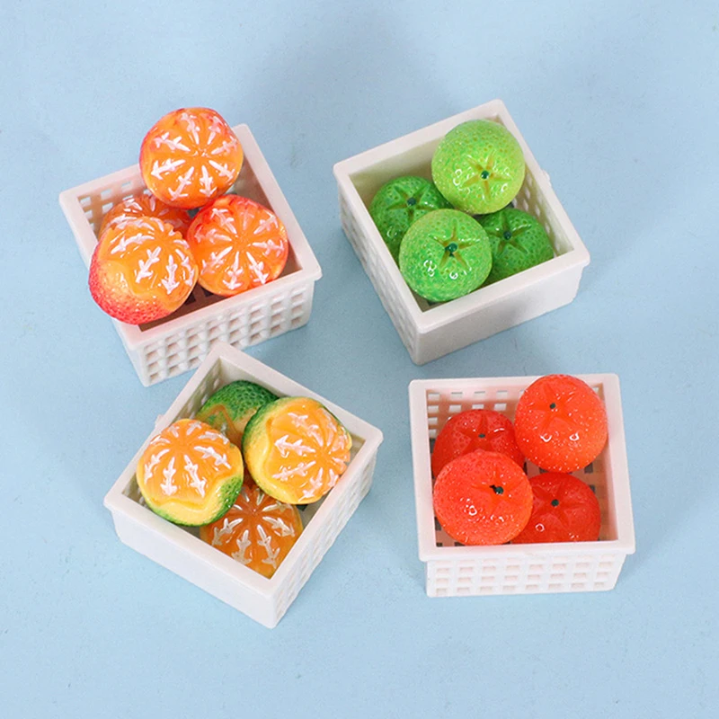 1/12 Poppenhuis Simulatie Fruit Oranje Met Mand Kit Poppenhuis Miniatuur Keuken Voedsel Decoratie Fantasiespel Speelgoed