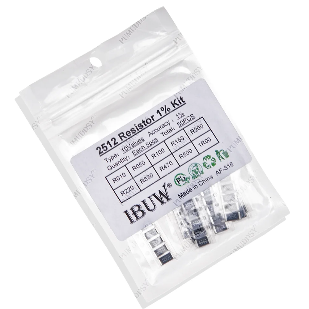 50 قطعة 1% 2512 مقاوم SMD عينات عدة 10ValueX5PCS = 50 قطعة 1R00 R500 R470 R330 R220 R200 R150 R100 R050 R010