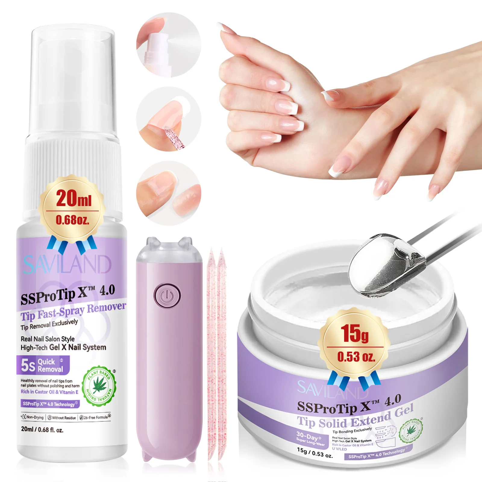 

SAVILAND Solid Nail Glue Gel and Remover Kit with UV Light Complete Set for Press On Nails Strong Hold Quick Removal Home Salon