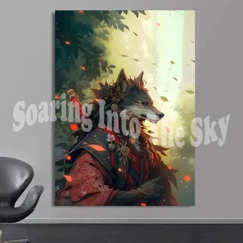 Japanese Samurai Wolf Panther Fox Cat Katana Posters Warrior Animals Print Canvas Painting for Living Room Wall Art Home Decor