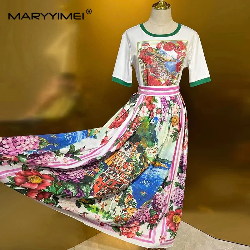 MARYYIMEI Fashion Design Women's Suit Summer Short-Sleeved Tops+Pleated Skirt Casual Holiday Print Cotton Two piece set