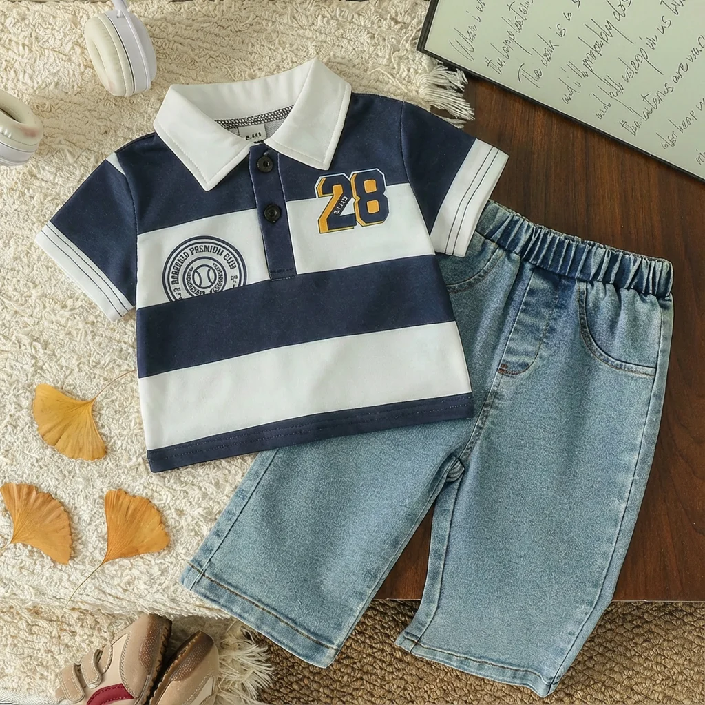 

2026 Baby Boy Summer 2PCS Outfit Sets Short Sleeve Turn-down Collar Letter Embroidery Tops Denim Pants Sets For 1-3Y Fashion