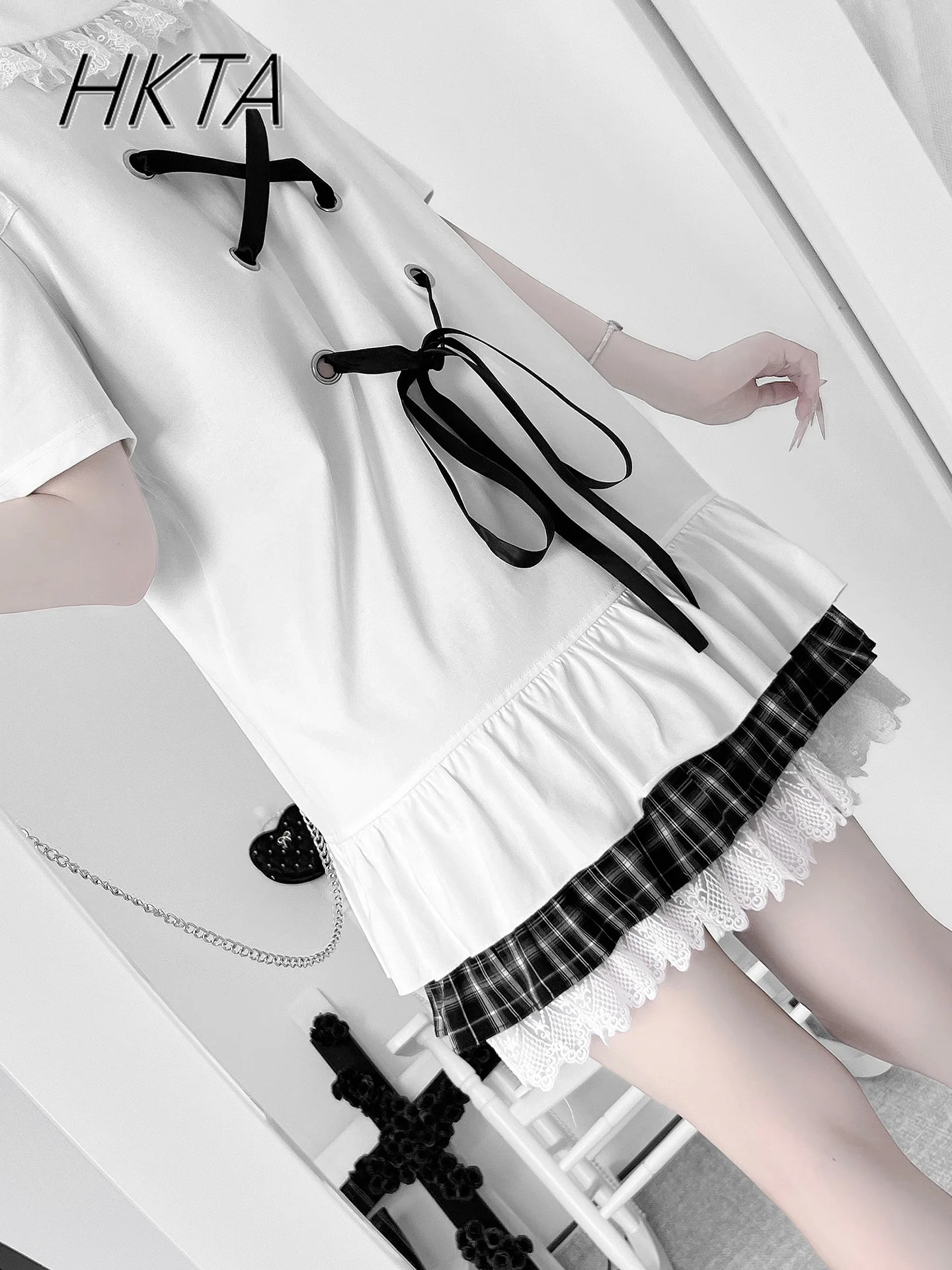 Robe blanche imprimée à bretelles dénudées pour filles, Style sous-culture, col de poupée doux et Cool, Patchwork, t-shirt Long pour femmes, nouvelle collection