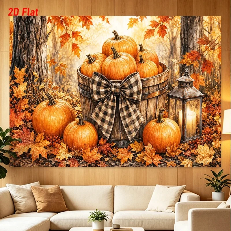 VIKAMA Fall Thanksgiving Tapestry Farmhouse Pumpkin Barrel Plaid Bow Lantern Maple Leaf Wall Hanging Autumn Harvest Bedroom Dini
