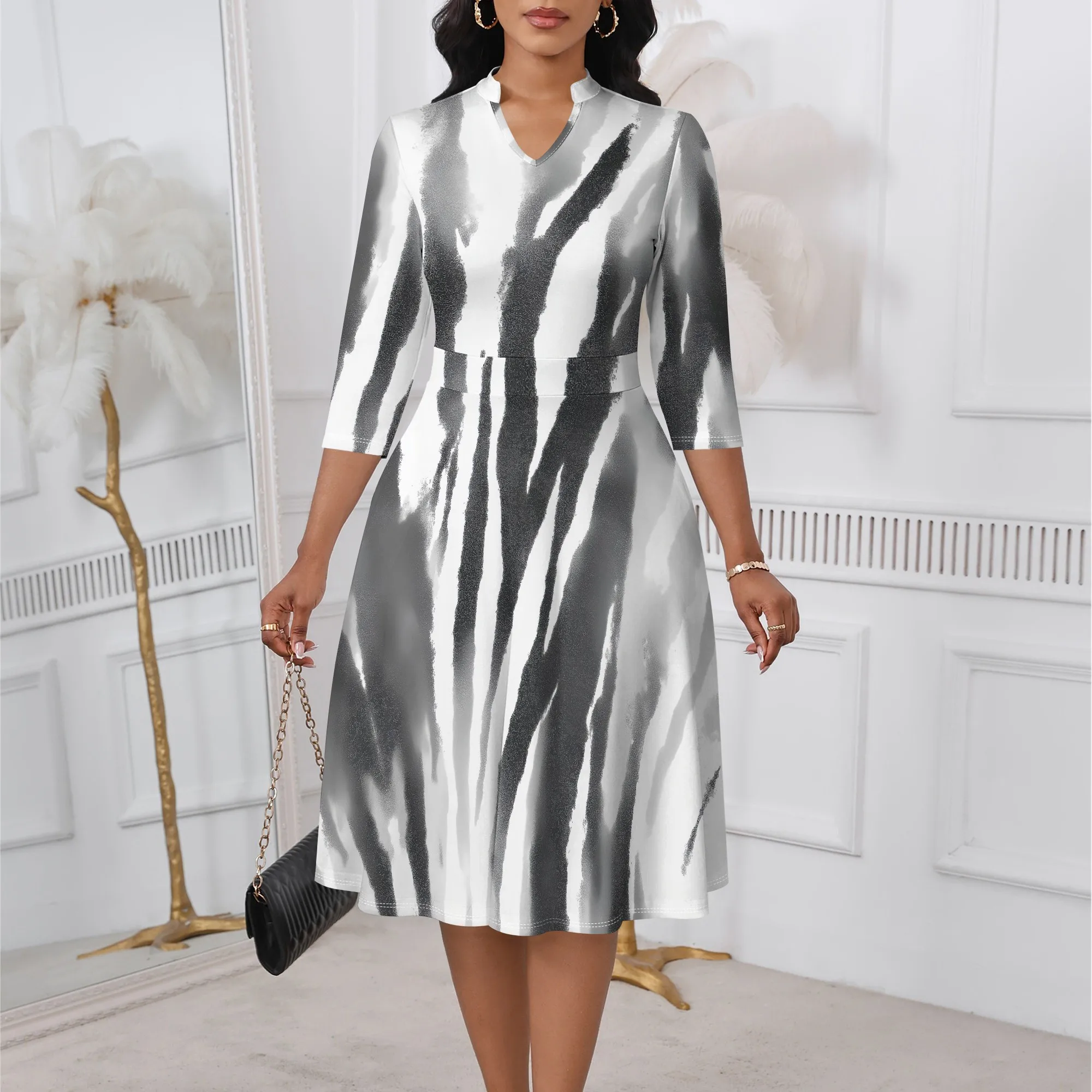 

Black White Brush Print Midi Dress XS-3XL V-Neck 3/4 Sleeve A-Line Style for Art Gallery, Monochrome Party or Workwear Look